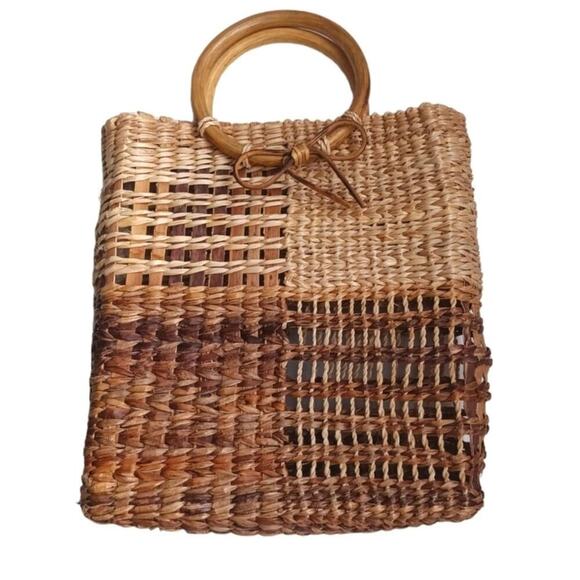 Straw Square Tote Ring Handles Natural OS - Picture 1 of 3